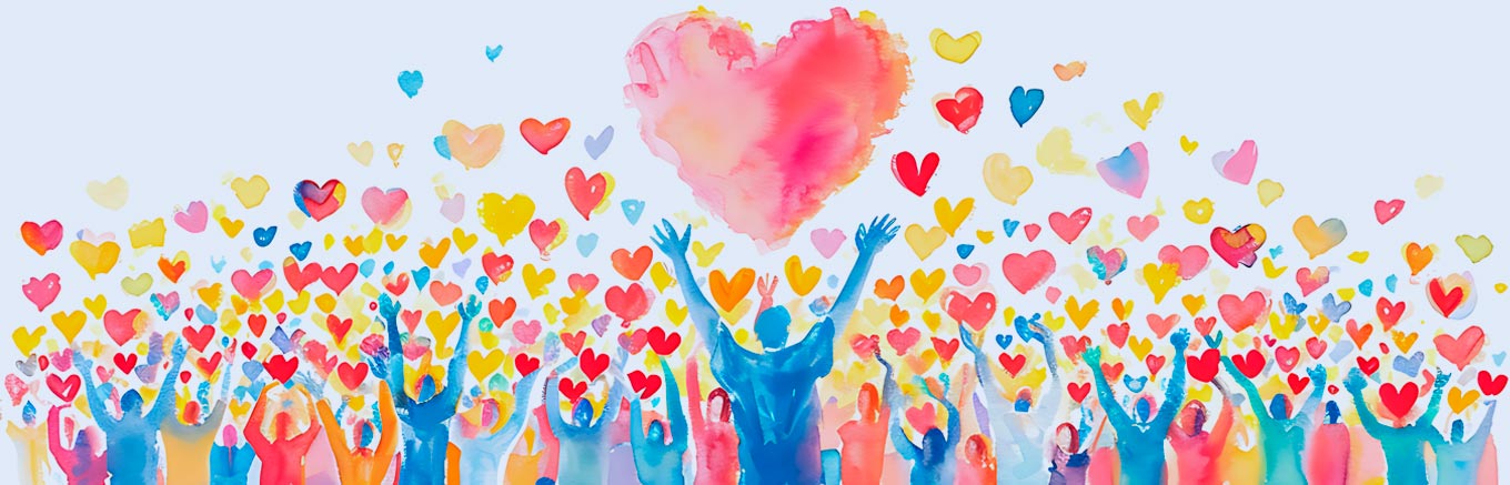 colourful illustration of a crowd with raised hands reaching for love hearts floating in the air