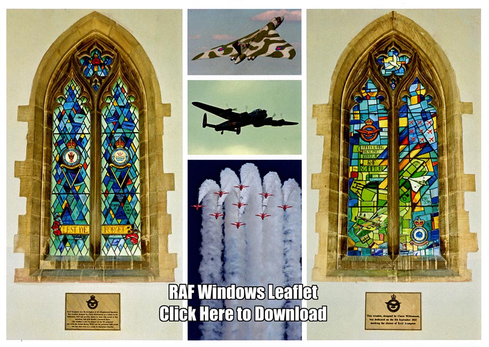 Montage of RAF stained glass windows at Scampton church and RAF aircraft in flight: Vulcan, Lancaster; Red Arrows jets