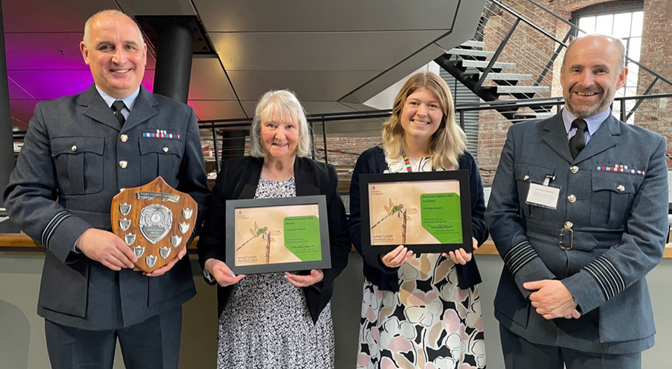 Flt Lt Gary Mennell, Barbara Young, Anna Hartley, Grp Cpt Neill Atkins at the Ministry of Defence Sanctuary Awards in March 2024